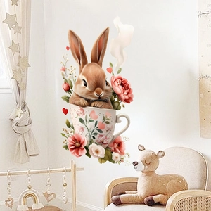 Easter floral bunny wall sticker with cute cartoon rabbit in a cup for nursery decor
