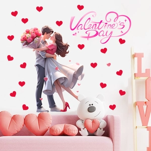 Romantic Valentine's Day wall decal featuring cartoon couple hug and red heart stickers