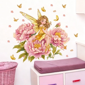 Sticker mural fée des fleurs avec papillons pour décoration de chambre d'enfant