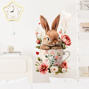 Easter floral bunny teacup wall sticker for living room and nursery wall decor