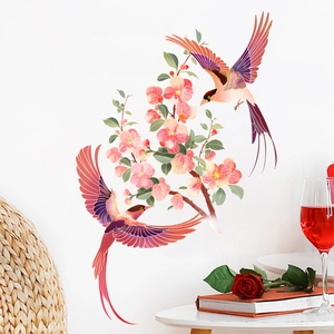 Floral wall sticker featuring oriental birds and pink blossoms for home wall decoration