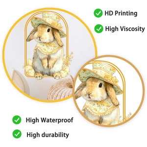 Detail of cute Easter bunny wall sticker featuring high definition floral hat print