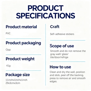 Detail showing PVC self-adhesive wall sticker specifications and OPP bag packaging info