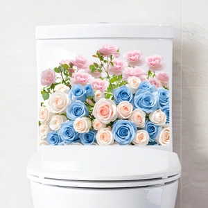 Floral self-adhesive toilet tank stickers with pink, white, and blue rose clusters