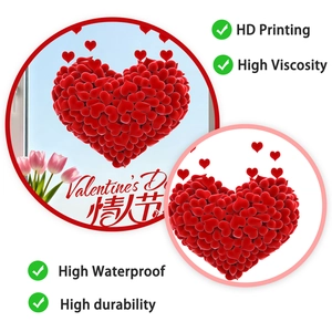 Detail of red heart window stickers for Valentine's Day decor with 3D visual effect