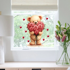Teddy bear holding a red rose heart bouquet static window cling for bedroom decoration