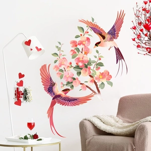 Romantic floral wall decals with vibrant birds and pink cherry blossoms for home decoration