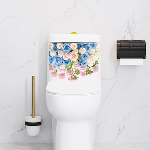 Vibrant blue and pink floral toilet lid stickers for bathroom decoration and home aesthetics