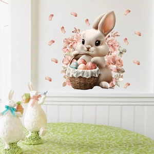 Easter bunny and egg flower basket wall decal for cozy bedroom or living room decor