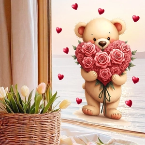 Cute teddy bear holding a heart-shaped rose bouquet static window glass sticker for bedroom decor