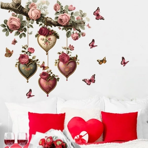 Sticker mural romantique avec branche de rose, cœurs et papillons pour décor de chambre