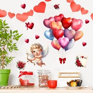 Cupid and heart balloons wall stickers for Valentine's Day home decor set