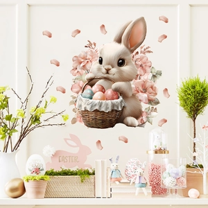 Easter bunny wall decal with eggs and flowers, hand-drawn style self-adhesive sticker decor