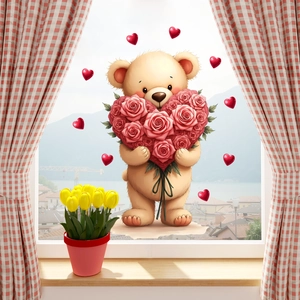 Teddy bear static window decal with heart rose bouquet and red hearts for bedroom decor