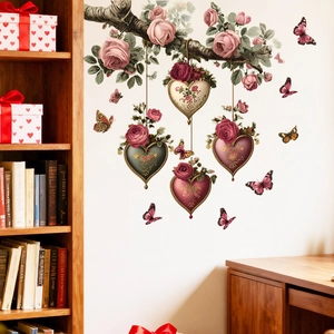 Sticker mural branche romantique avec roses roses, pendentifs cœurs et papillons volants