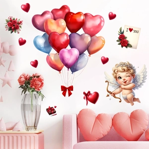 Cupid arrow and colorful heart balloons wall stickers set for romantic Valentine decor