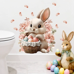 Easter bunny and egg flower basket wall decal for cozy festive home decoration