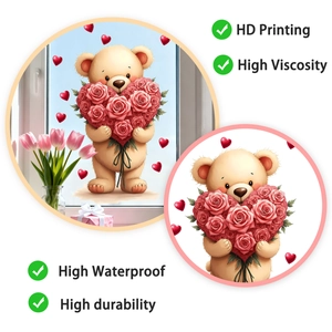 Detail of cute teddy bear glass sticker showing high definition print and waterproof texture