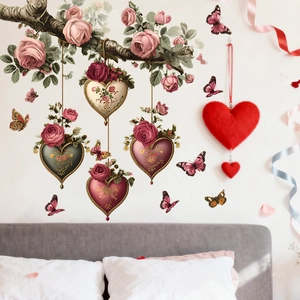 Stickers muraux branche de roses roses avec cœurs suspendus et papillons décoratifs