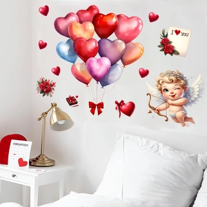Cupid love arrow and heart balloons wall stickers for romantic Valentine bedroom decor