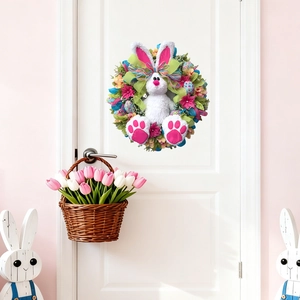 Easter Rabbit Wreath Wall Sticker PVC Waterproof Self Adhesive Door Decal For Bedroom Living Room Holiday Atmosphere Home Decoration