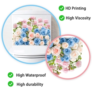 Detail of waterproof blue and pink flower toilet stickers with HD printing textures