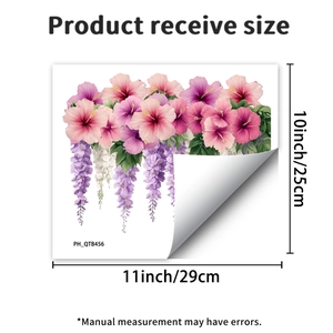 Detail showing 29x25cm self-adhesive PVC sticker with pink hibiscus and purple wisteria flowers
