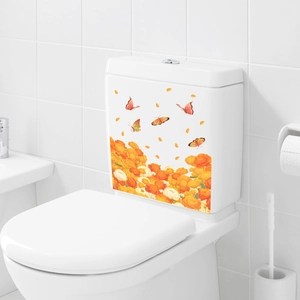 Self-adhesive floral toilet tank sticker with orange blossoms and butterflies for bathroom decor