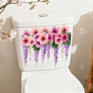 Pink hibiscus and purple wisteria floral waterproof PVC wall stickers for bathroom decor