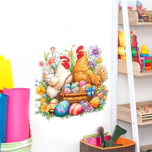 Easter wall stickers featuring chickens, colorful eggs, and spring flowers for home decor