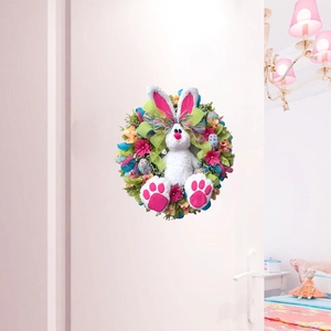 Easter bunny wreath for front door with colorful eggs and flowers wall decoration