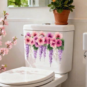 Waterproof self-adhesive toilet stickers featuring pink hibiscus and hanging wisteria flowers
