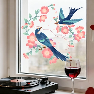 Floral window stickers with blue birds and pink cherry blossoms for glass decoration