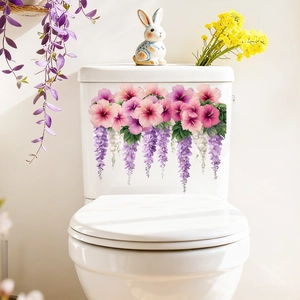 Floral toilet wall sticker featuring pink hibiscus and purple wisteria vines decor
