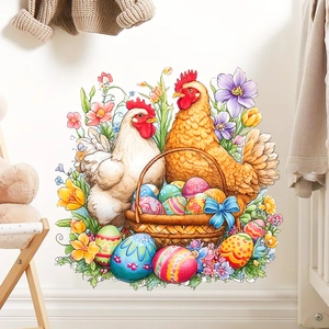 Easter Wall Stickers Rooster Hen Eggs Flower Decor Self Adhesive PVC Decal For Living Room Bedroom Home Wall Decoration