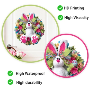 Detail of waterproof Easter bunny wreath with floral accents and durable high-definition print