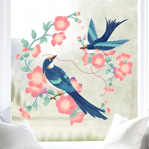 Vibrant window decals featuring blue birds and pink cherry blossoms for home decoration
