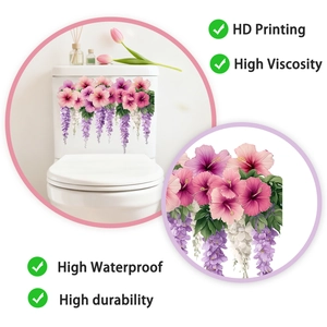 Waterproof floral wall sticker for toilet with pink hibiscus and purple wisteria patterns
