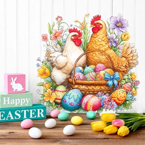 Easter wall sticker with rooster, hen, colorful eggs and flowers on white wall