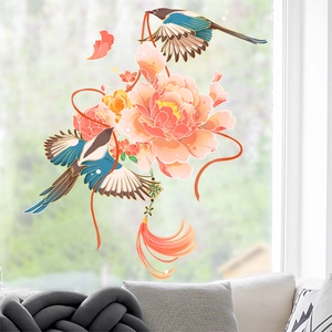 Chinese Style Peony Flower Magpie Bird Static Cling Window Sticker PVC Waterproof Glass Decal For Home Living Room Decor