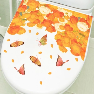 Floral toilet lid sticker with colorful butterflies and orange flowers for bathroom decor