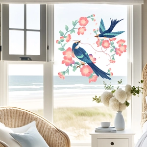 Floral bird window decals with pink cherry blossoms and blue birds for glass home decor
