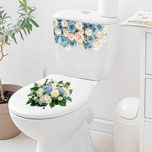 Waterproof Floral Toilet Seat Sticker PVC Wall Decal Blue Rose Hydrangea Daisy Flower For Bathroom Restroom Decoration