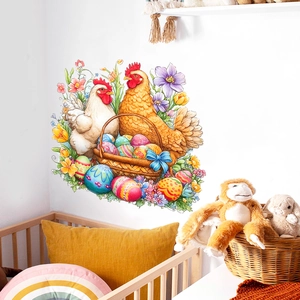 Easter wall sticker featuring rooster, hen, and colorful eggs in hand-painted style