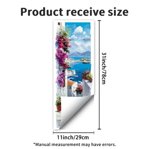Detail showing self-adhesive wall sticker product dimensions 78x29cm with coastal view