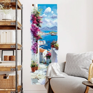 Mediterranean scenic wall sticker with 3D broken wall effect featuring pink flowers and sea