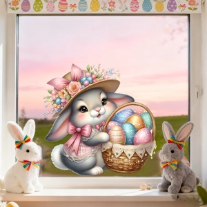 Easter bunny window cling with flower hat and egg basket for festive glass decoration