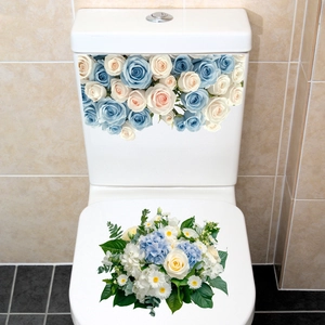 Floral wall stickers featuring blue and pink roses for bathroom toilet seat decoration
