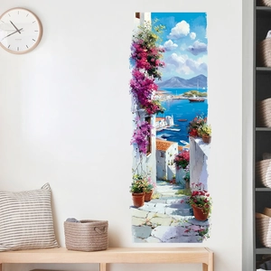 Mediterranean coastal town landscape wall decal with oil painting style for home decor