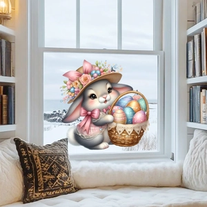 Easter bunny window cling with colorful eggs and flower hat for home glass decoration